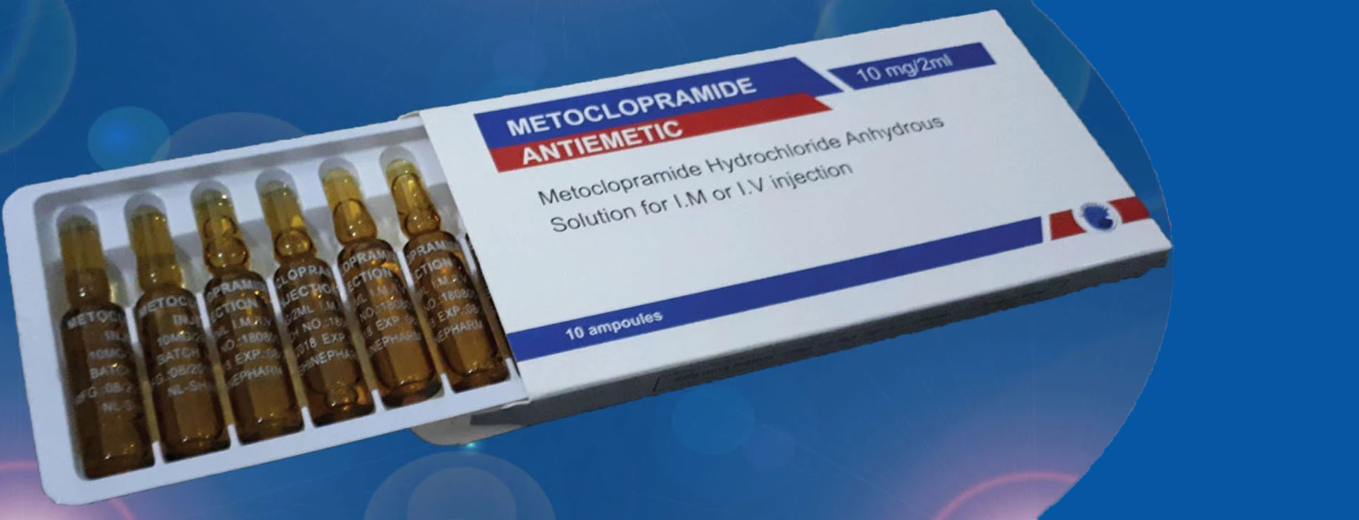 a box of METOCLOPRAMIDE INJ sitting on top of a blue background