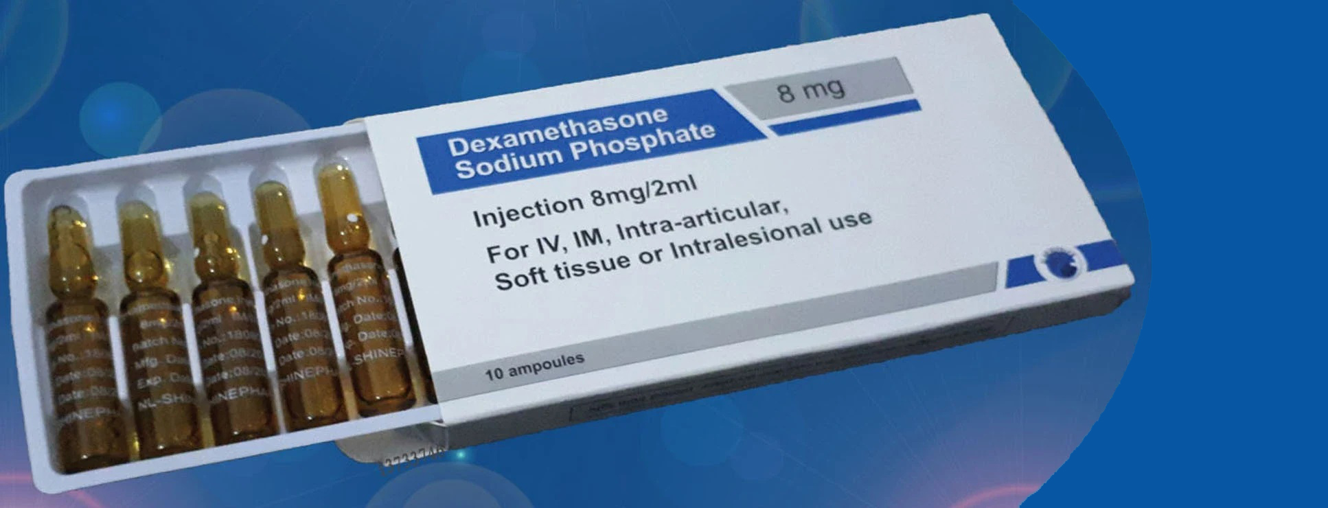 A box of DEXAMETHASONE injections on a blue background