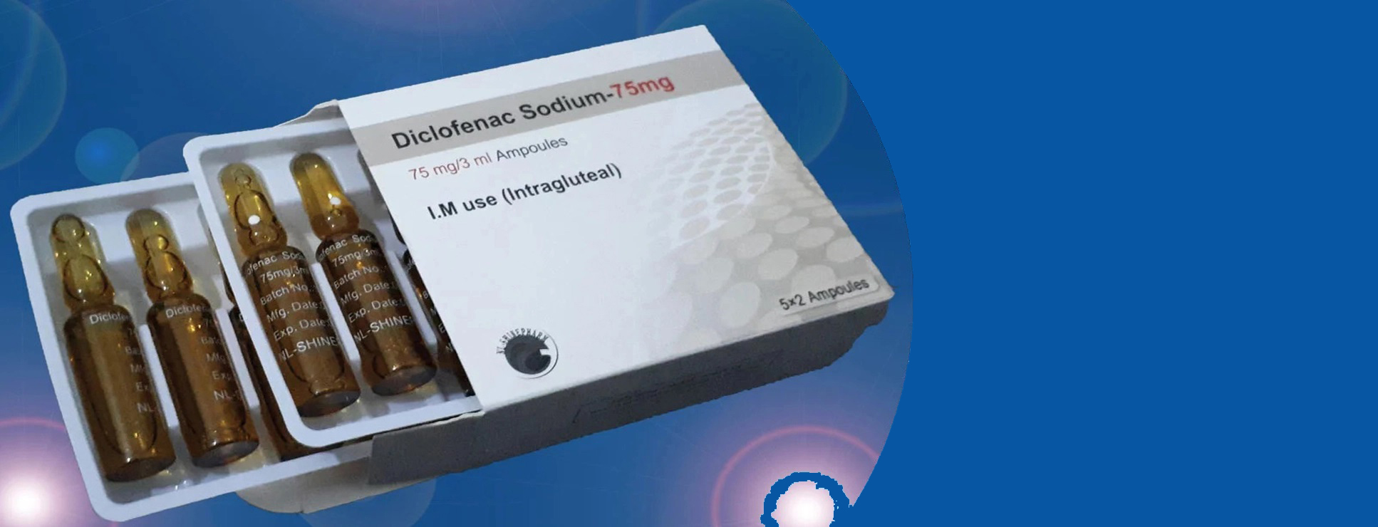 a box of DICLOFENAC SODIUM injections on a blue background