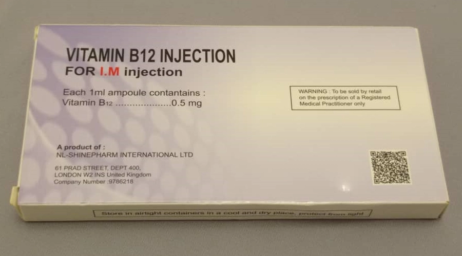 aA box of vitamin B12 injection ampoules labeled 